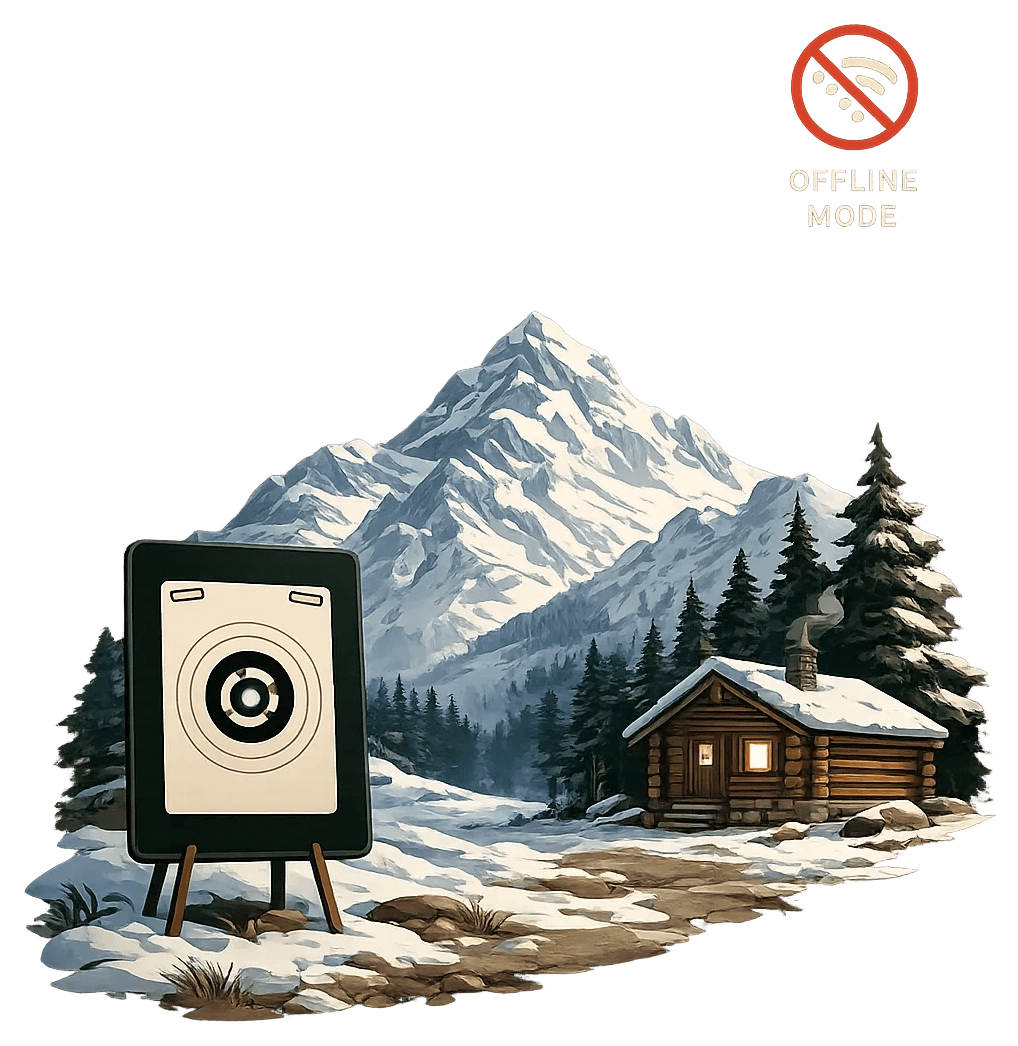 A phone scanning a target on a green ground, with an offline signal-crossed icon above and the matching paper target on an A-frame in the distance.