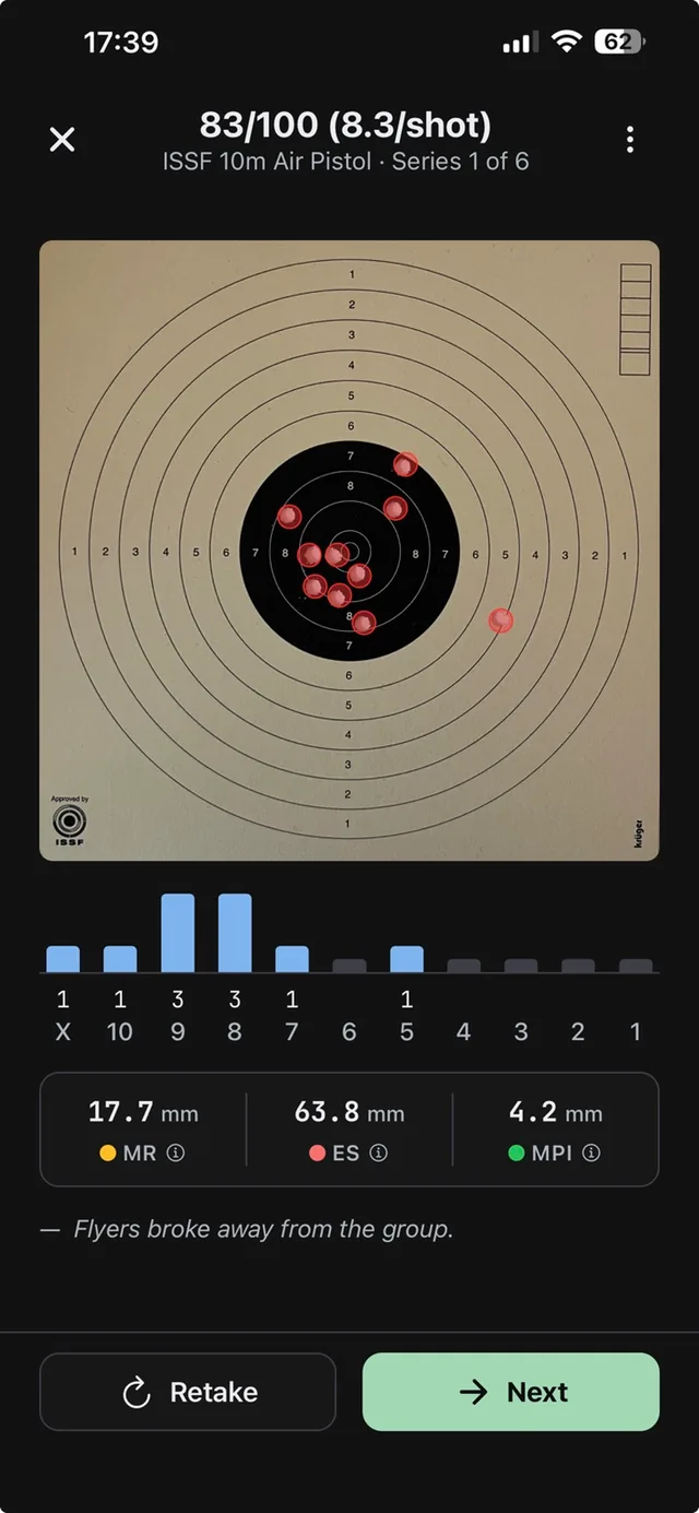 A scored target in the app, with each detected shot marked